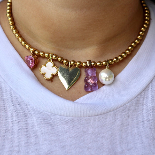 Golden Pearly Pink Charm Necklace