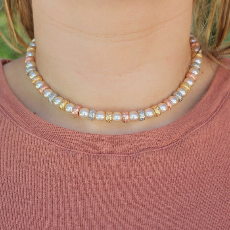 Tri Color Spacers & Pearls Necklace